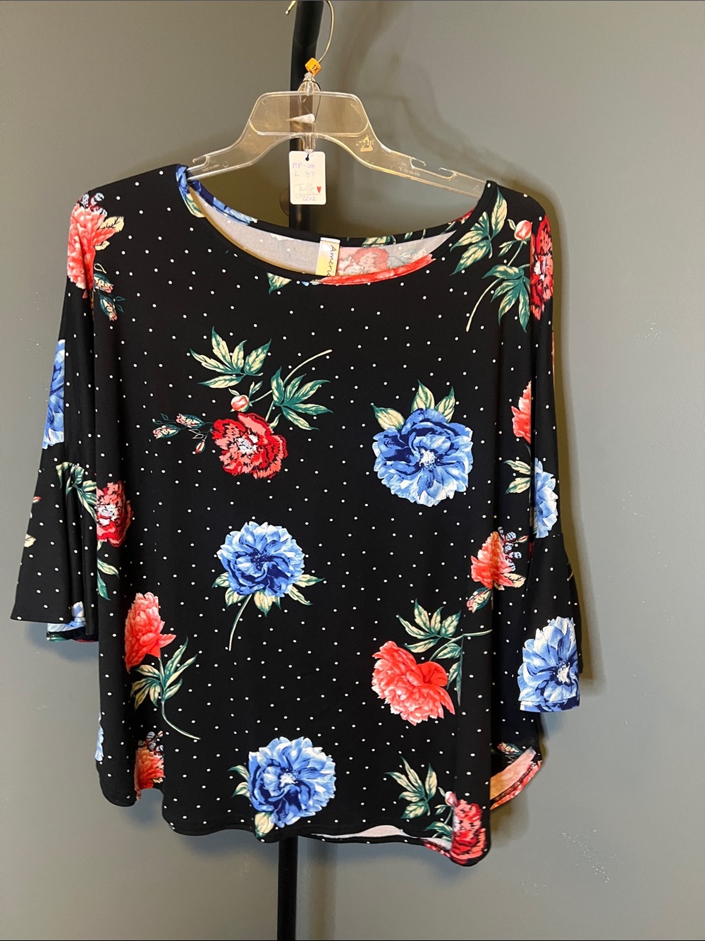 Black Floral & Polka Dot Long Sleeve Tee - Blue & Red Flowers